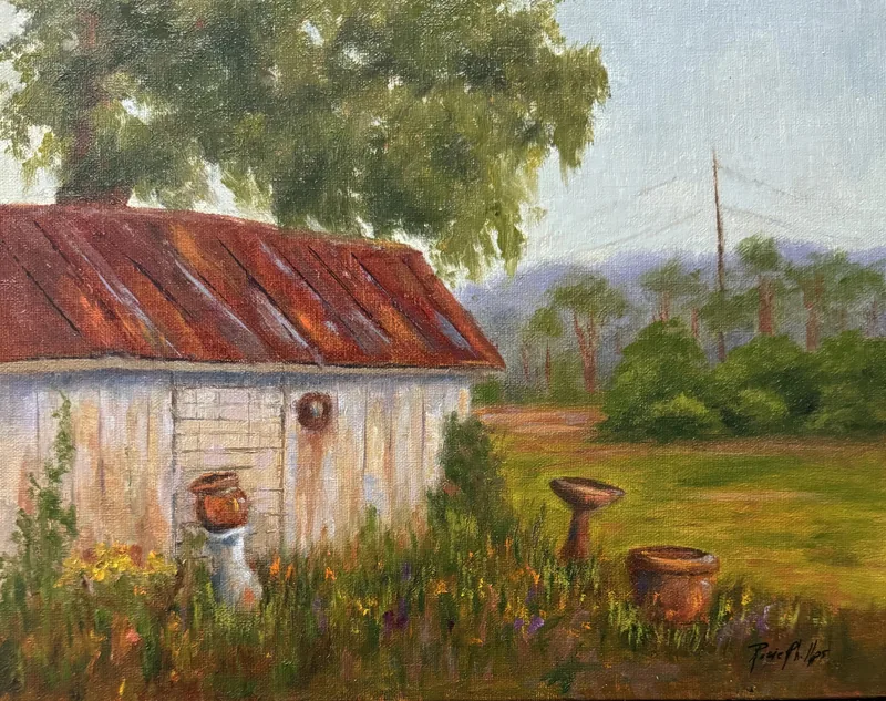 Old Shed At Bailey House on Store Creek by Rosie Phillips, oil on linen