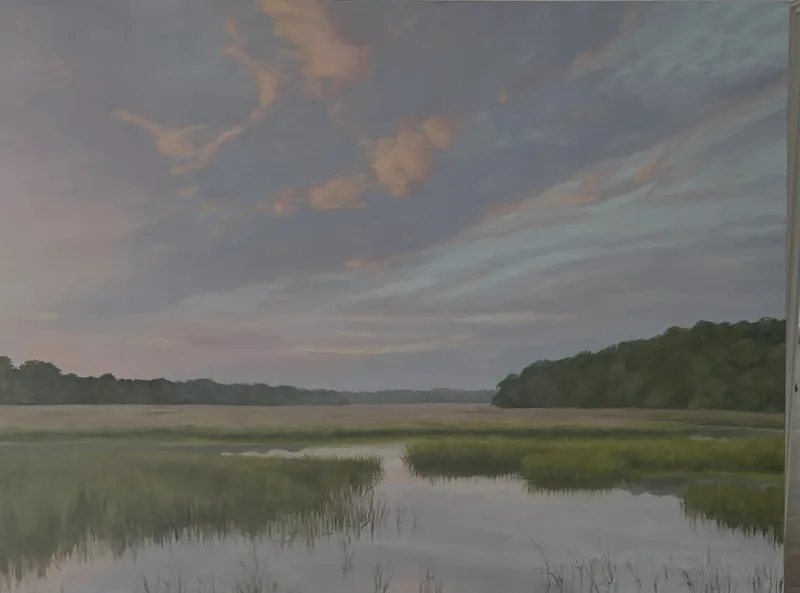 Painting of a Lowcountry marsh under a pink evening sky by Susalee Lamb